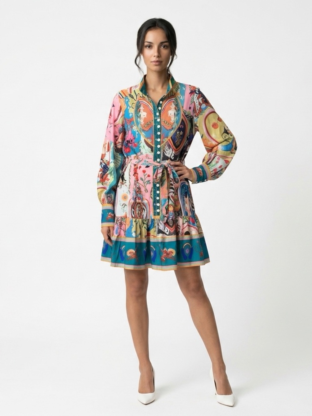 NWOT Multicolor Printed Long-Sleeve Tiered Dress-SizeS/M